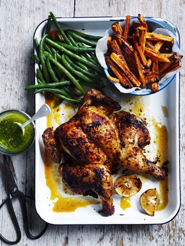 Portuguese roast chicken with sweet potato fries recipe